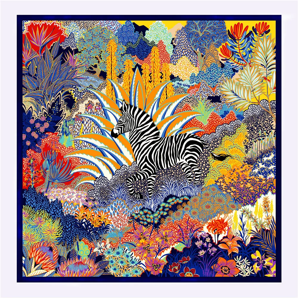 POBING Twill Silk Scarf Women Shawls Forest Zebra Print Stoles Bandana Kerchief Hijab Square Scarves Wraps Silk Foulards 130CM