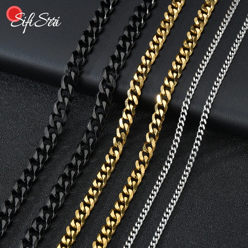 Sifisrri Punk Stainless Steel 3/5/7mm Curb Cuban Necklaces For Men Women Gold Color Basic Link Chains Solid Metal Jewelry Gift