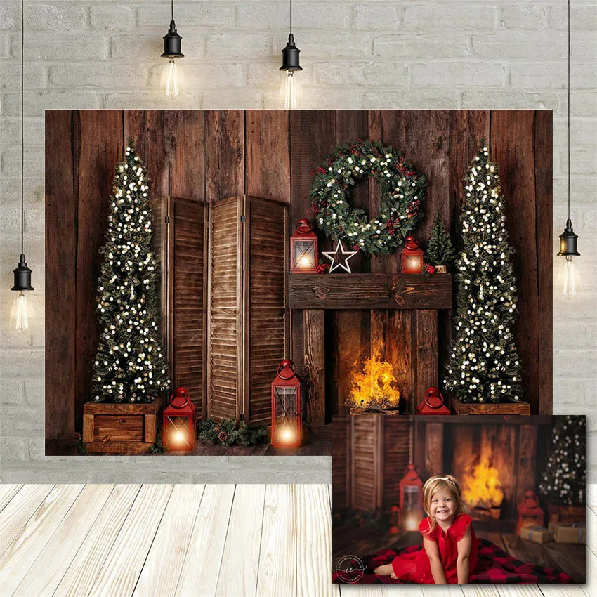 Avezano Christmas Photography Background Tree Fireplace Vintage Wood Wall Baby Portrait Decor Backdrop Photo Studio Photophone