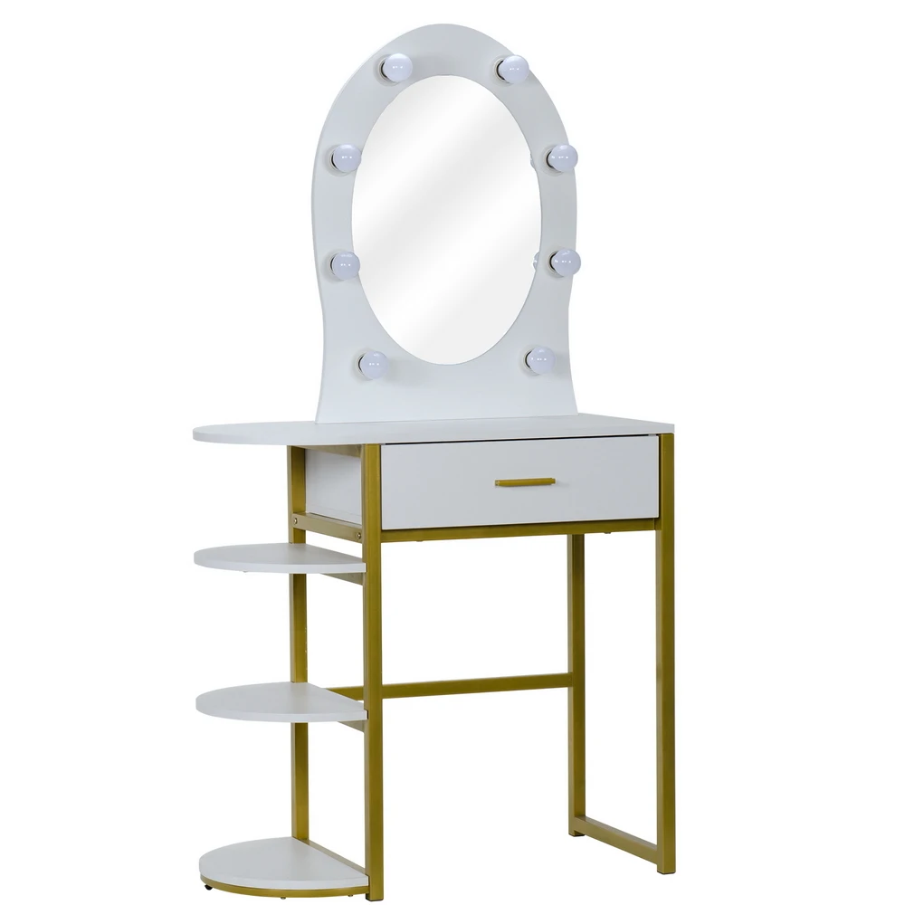 Dresser Dressing Table Golden Steel Frame Special-Shaped Mirror with Single-Drawer 3-Layer Rack Shelf Light Bulb White[US-Stock]