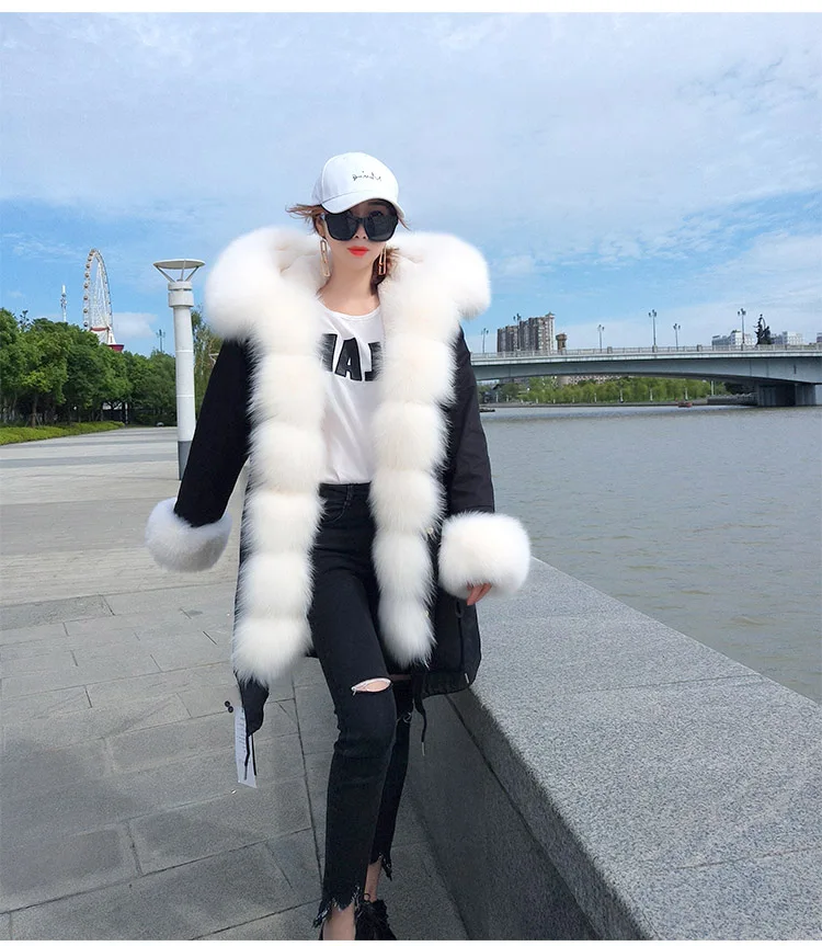 Maomaokong  Winter Women Natural fox fur coats Real Fur Long Black Jacket  Cotton thick warm  parkas Faux fur lining