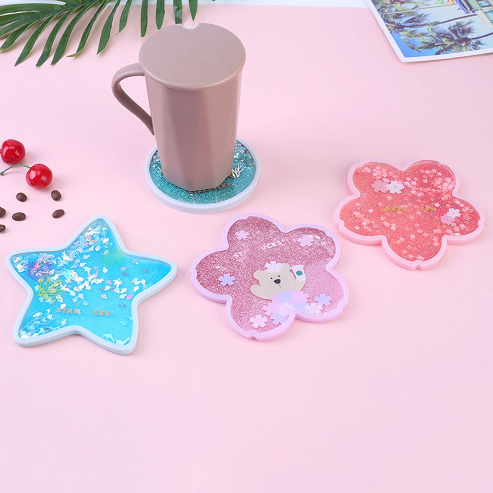 Cute Coaster Non Slip Rabbit Romantic Cherry Blossom Season Ocean Rainbow Quicksand Water Cup Mug Placemat Insulation Pad