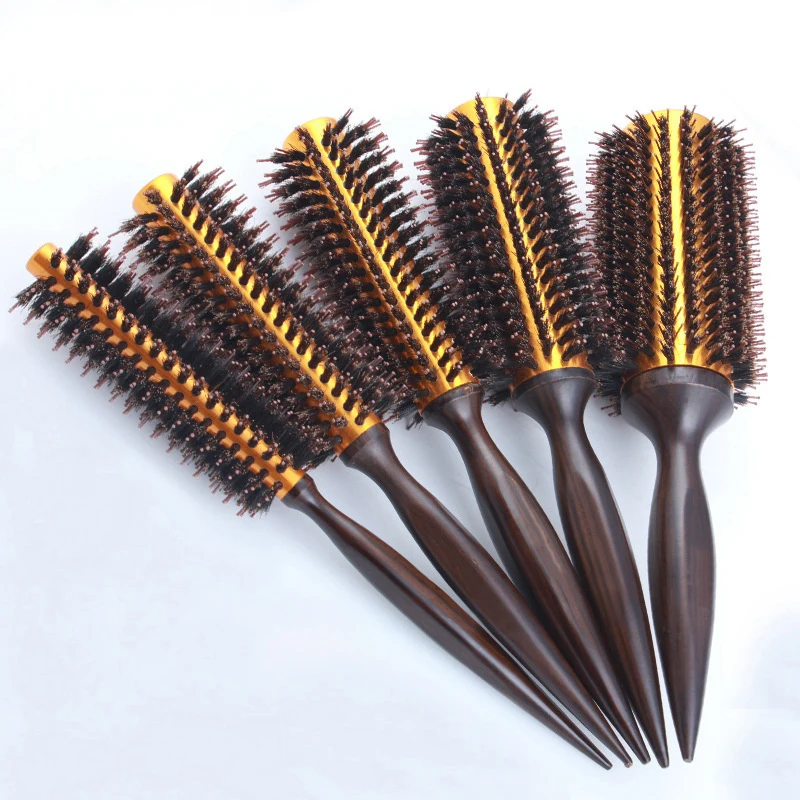 5pcs set Wooden Handle Hair Rolling Brush Natural Boar Bristle Round Brush For Hair Drying Styling Curling