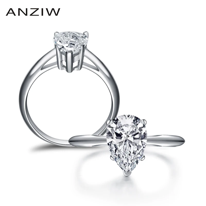 anziw 925 prata solitiare anel 2ct pear cut mulheres joias de noivado diamante sintetico casamento dedo aneis joias finas presentes 01