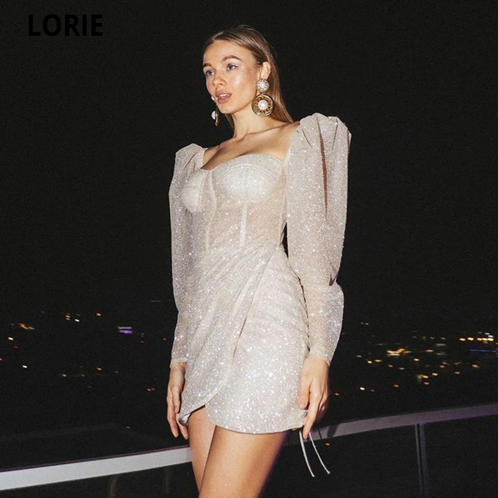 LORIE Sequines Short Prom Dress Sexy Sweetheart Formal Evening Party Cocktail Gowns Puff Sleeve Dubai Arabic Custom Made 2021