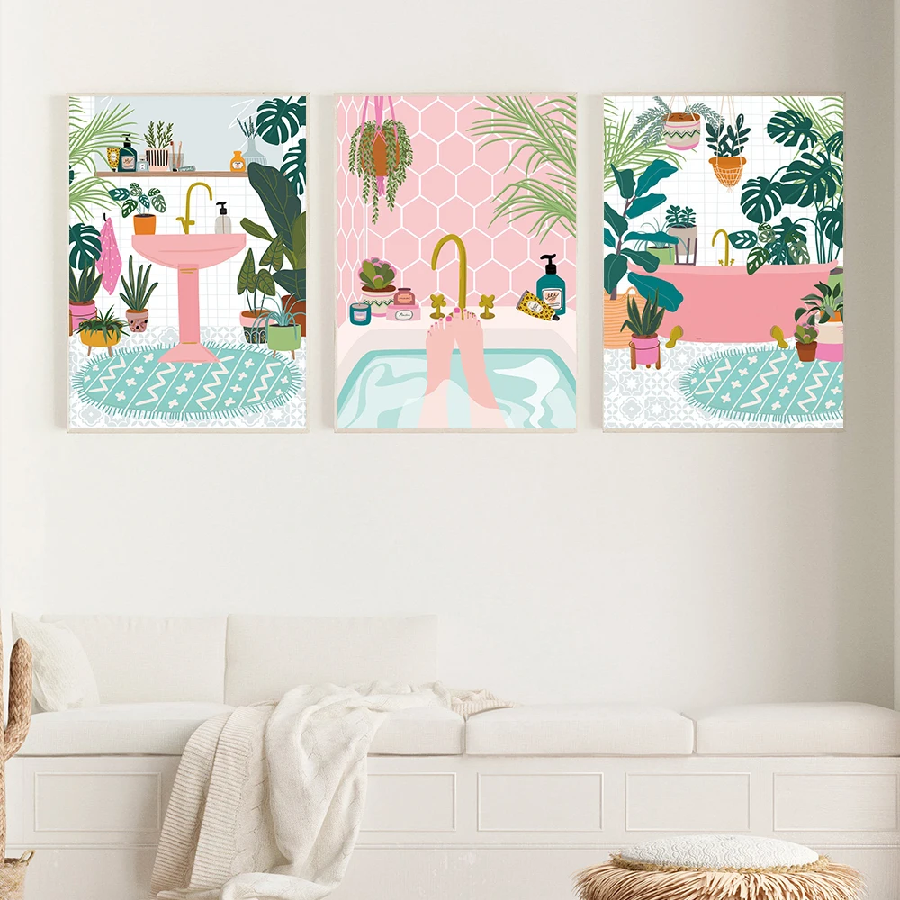 Botanical House Plants Art Print Canvas Painting Relax In The Bath Poster Boho  Wall Picture For Living Room Bathroom Home Decor