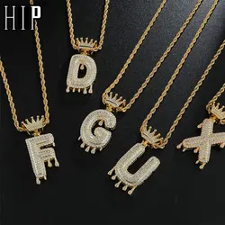 Hip Hop Iced Out Bling Cubic A-Z Drip Crown Zircon Letters Necklaces & Pendant Chain For Men Jewelry