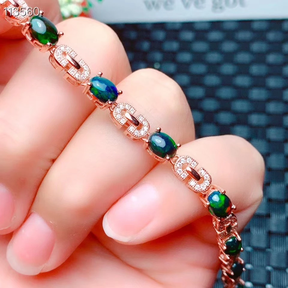 925 Sterling Silver Natural Black Opal Gemstone Girl Ladies Bracelet New Bright Water Drop Detection Rose Gold Girl Gift