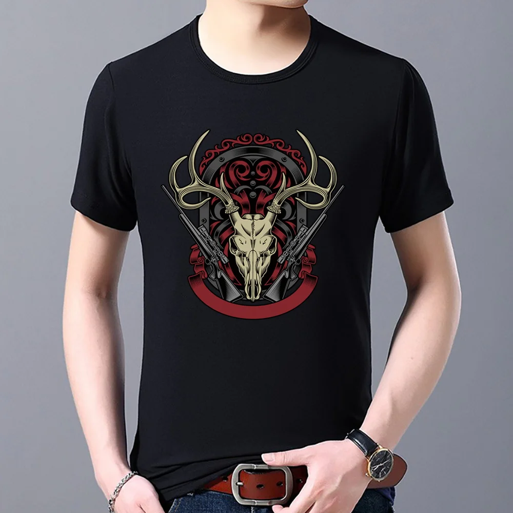 

Summer New Men's Youth T-shirt Gothic Style Elk Skull Print T-shirt Casual Street Wild Black Basic O-neck Men's Short Sleeves