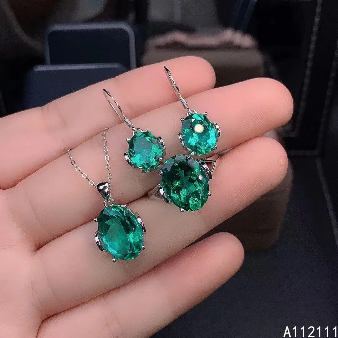 

Fine Jewelry 925 Pure Silver Inset With Natural Gem Women's Luxury Fashion Oval Green Topaz Pendant Ring Earring Set Support Det