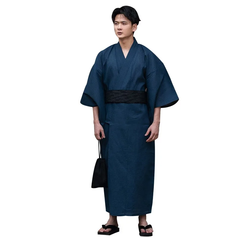 Traditional Japan Kimono With Obi Loose Men Bathing Robe And Belt Samurai Kimono Homewear Yukata Male Lounge Robes Dressing Gown