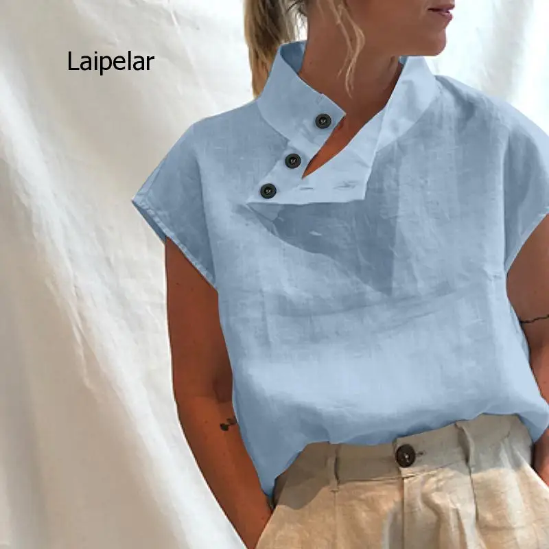 Stylish Tunic Tops  Women Short Sleeve Summer Blouses Buttons Solid Cotton Linen Tops Casual Loose