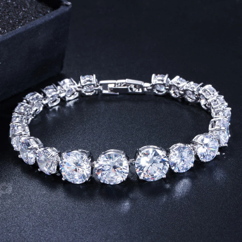 CWWZircons Luxury CZ Bridal Jewelry Silver Color Round Shape Big Cubic Zirconia Bracelets Bangles for Women CB150