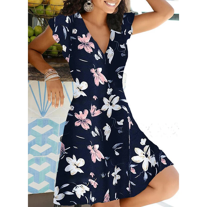 2021 Spring Summer Vintage Party Dress V Neck Elegant Sexy Dress Boho Beach Female Floral Print Dresses For Women Clothes