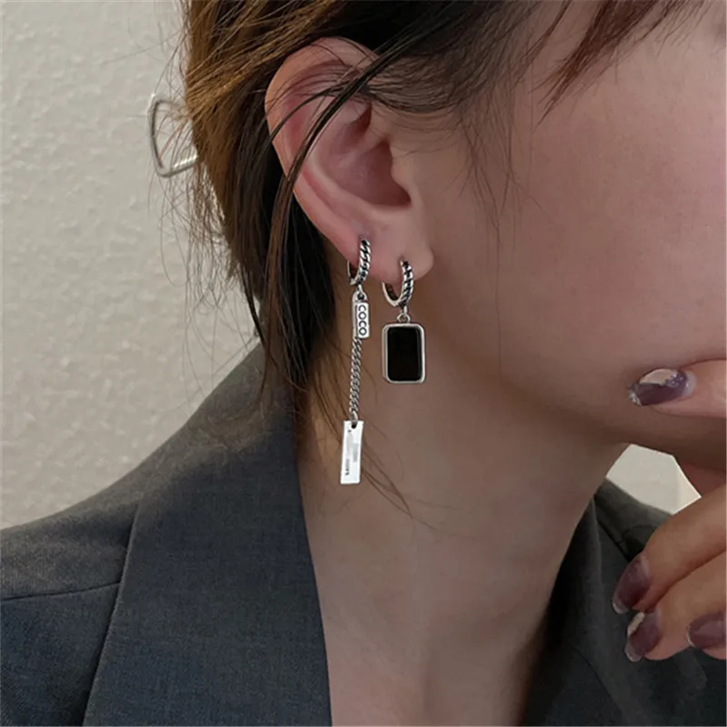 Real 925 Sterling Silver Asymmetry Long Square Drop Earrings For Women Girls Wedding Party Birthday Jewelry Pendientes Gift