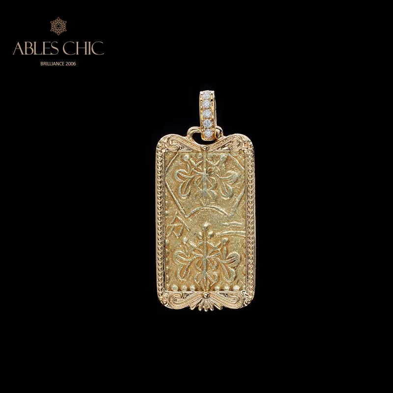 

Traditional Pattern Oblong Solid 18K Gold Coin Natural Diamond 0.033ct Ancient Double Sided Medallion Pendant Only