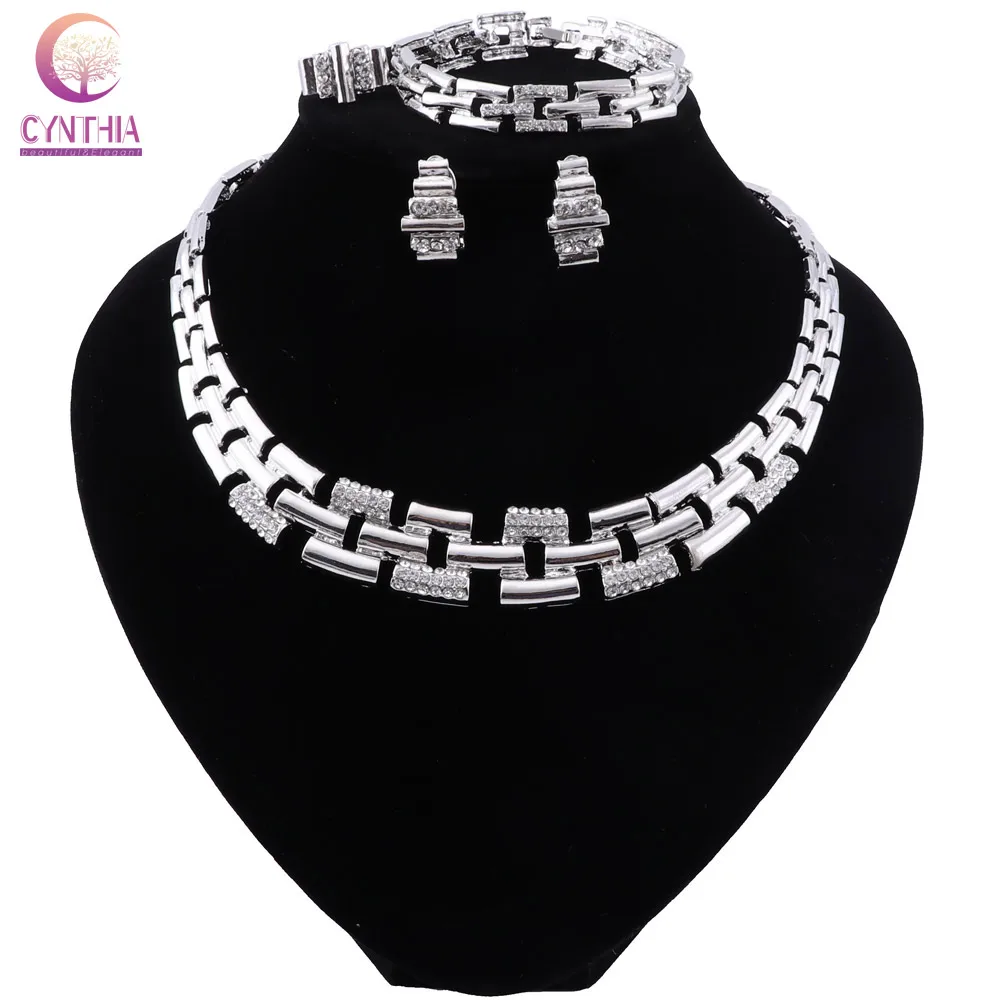 CYNTHIA Nigeria Charm Bridal Luxury Jewelry Silver Color Necklace Bracelet Earrings Ring Dubai Wedding Fashion Jewelry Set