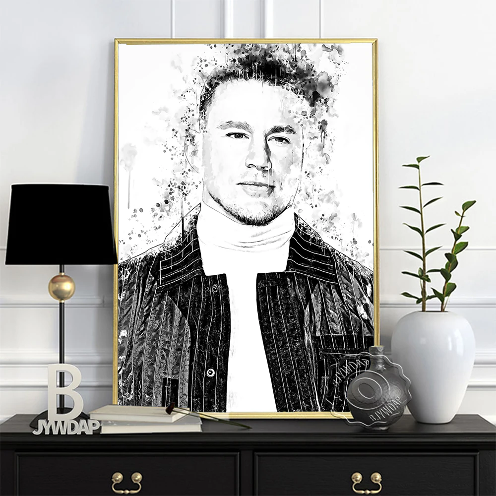 Channing Tatum American Actor Poster, Black White handsome Man Art Print, Nordic Watercolour Figure Painting Home Wall Art Decor