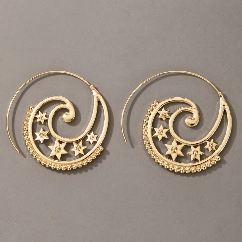 Tocona Vintage Star Spiral Earrings for Women Gold Color Alloy Metal Hollow Geometric Gypsy India Jewelry Gift Accessories