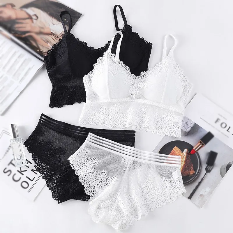 Women Bra Brief Set French Lace Underwear Female Sexy Lingerie Set Lace Bralette Crop Top Seamless Backless Vest Top Set