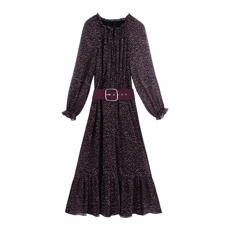 Evfer Women Spring Autumn Fashion Dot Print Za Purple Chiffon Long Dress Female Fashion Puff Sleeve High Waist Dresses With Belt