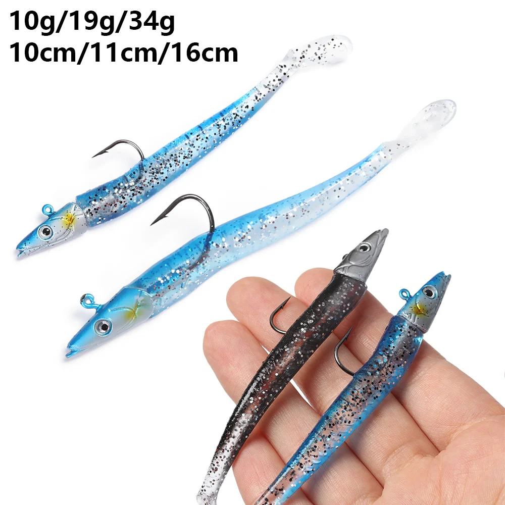 10/19/34g Glow Eel Soft Lure Wobbler Artificial Bait Silicone Sea Bass pike Rockfish Grouper Carp Fishing Lead Jig Head Tackle