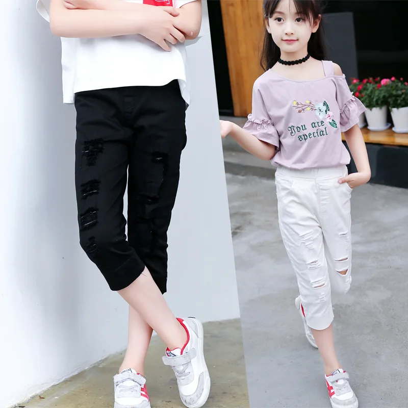 Baby Girls Baggy Trousers New Summer Kids Cotton Seven Points School Pants Children's White Ripped Casual Sports Breeches Pants