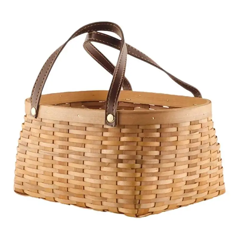 1pcs Brides Basket Wood Weaving Flower Hamper Portable Fruit Food Holder With Handle For Picnic Kitchen Storage