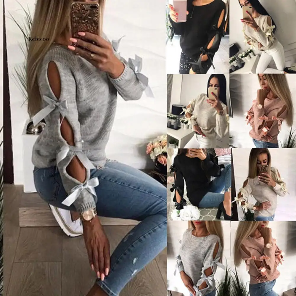 Sweater Women Casual Solid Bow Tie Pullover Loose Sweater Jumper Tops Knitwear Pull Pullover