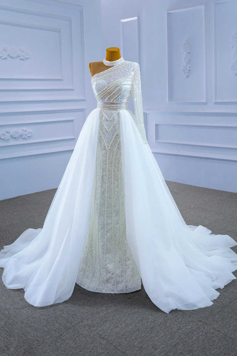 RSM Collection 67345 Mermaid Wedding Dress One Shoulder Long Sleeves Bridal Dresses 2021 New Design Shiny Pearls Full Sequins We