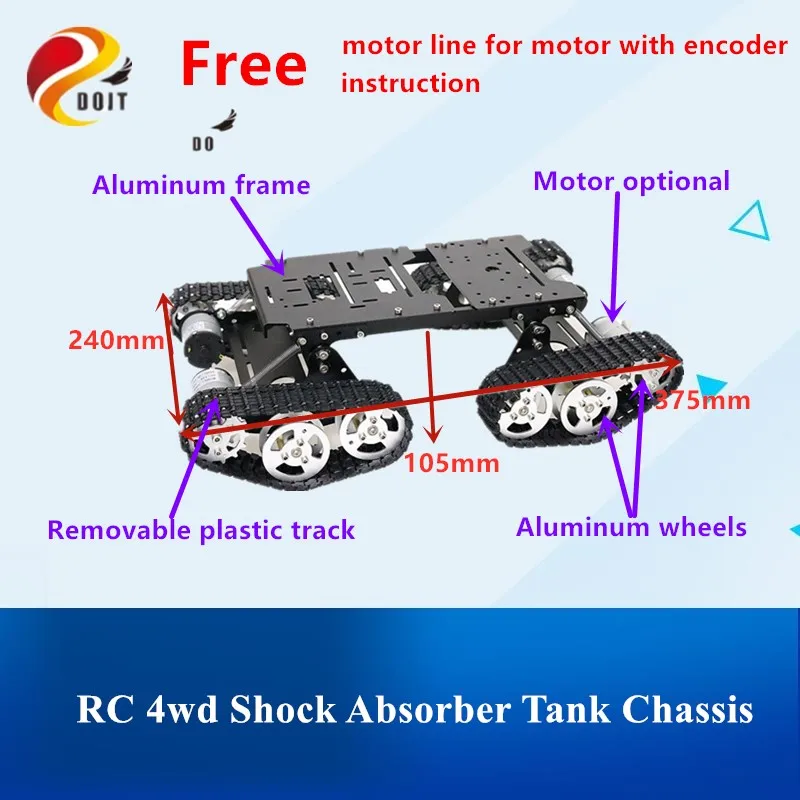 Remote Control 4wd Shock Absorber Robot Tank Chassis Kit with 4pcs 12V DC Motor Aluminum Alloy Frame for Arduino DIY TS400