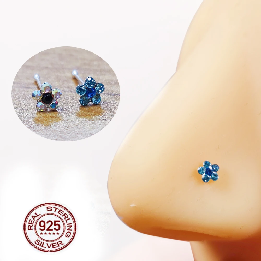 925 Sterling Silver Nostril Piercing Nose Stud Flower Crystal nariz piercing Jewelry 20pcs /pack