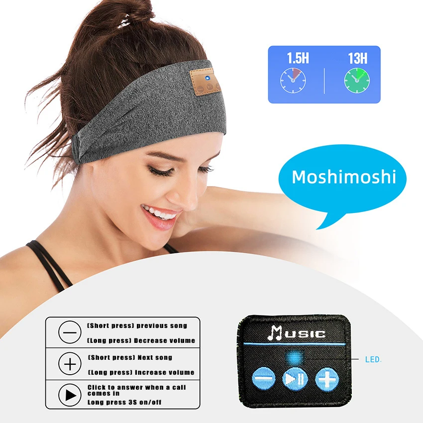 Bluetooth 5.0 Sports Headband Stereo Earphone Music Player with Microphone for Handsfree Rechargeable Washable Elastic headband