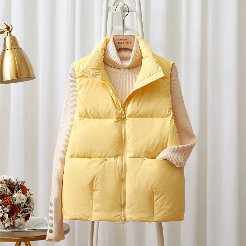 New 2021 Autumn Down Vest Women Stand Collar Warm Loose Waistcoat Short Windproof Gilet Female White Duck Down Coat Sleeveless