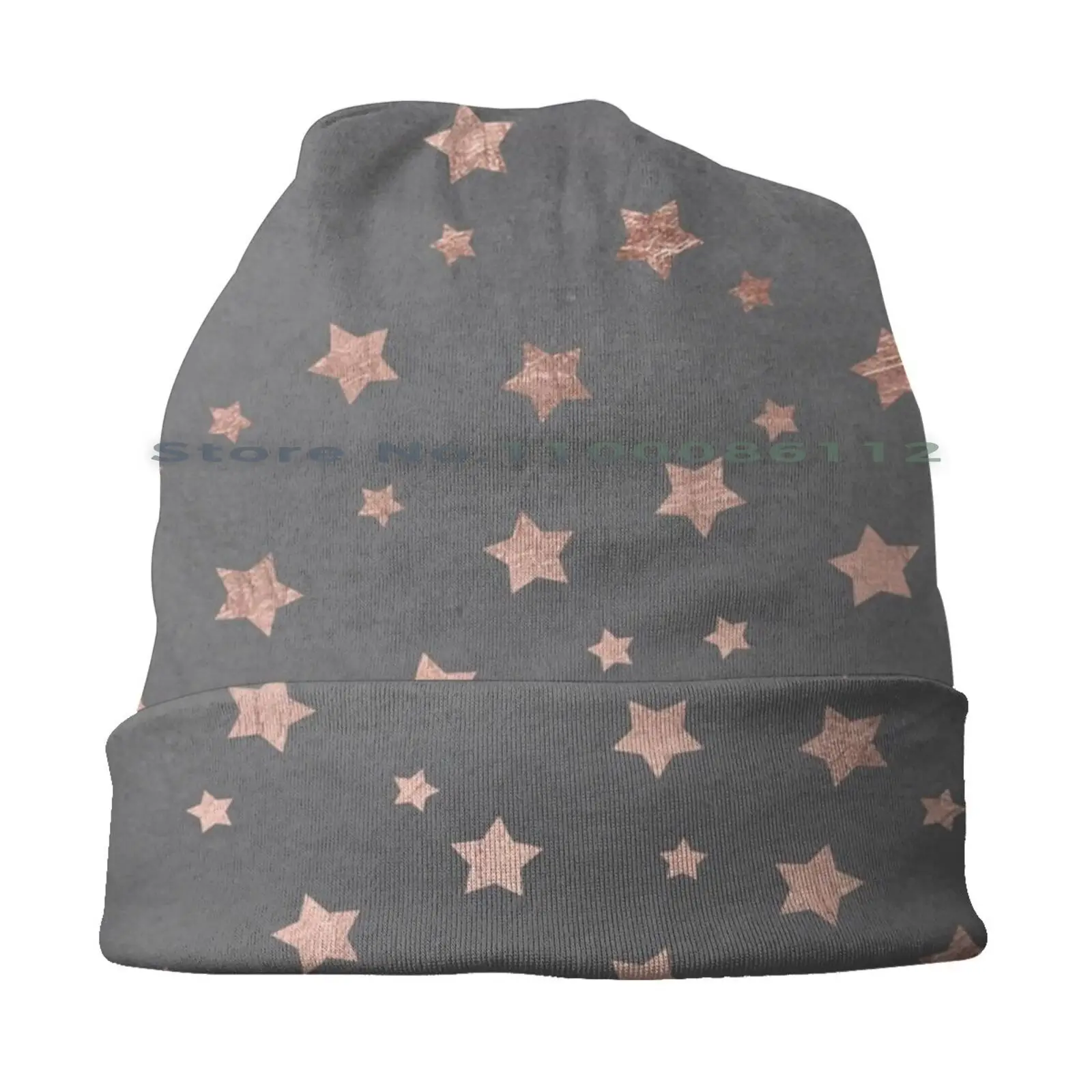 Rose Gold Christmas Stars Geometric Pattern Cement Beanies Knit Hat Rose Gold Christmas Stars Geometric Pattern Grey Graphite