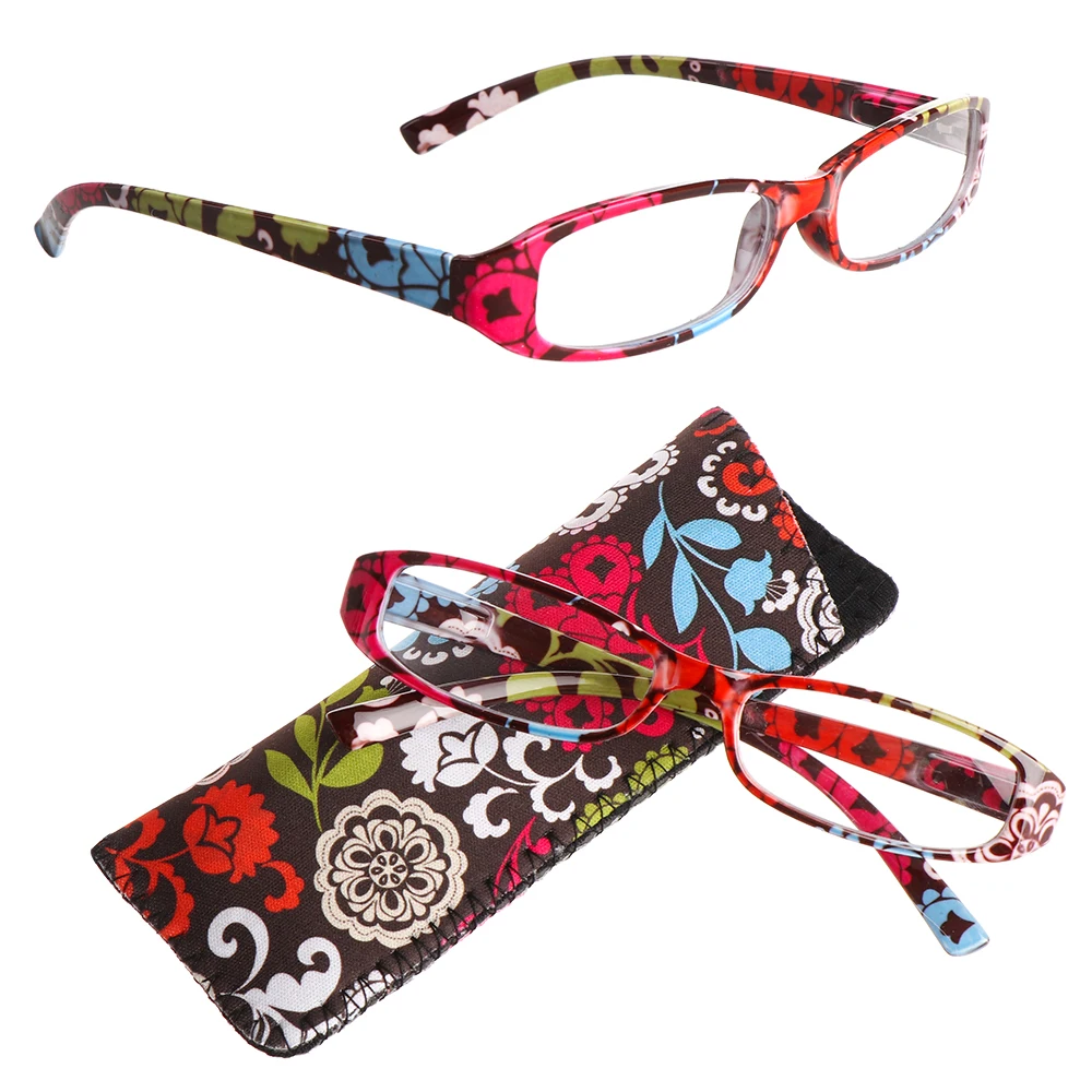 New Fashion Women Reading Glasses Matching Pouch Flower Print Resin Read Eyeglasses Magnifying Presbyopic Eyewear +1.0~+4.0