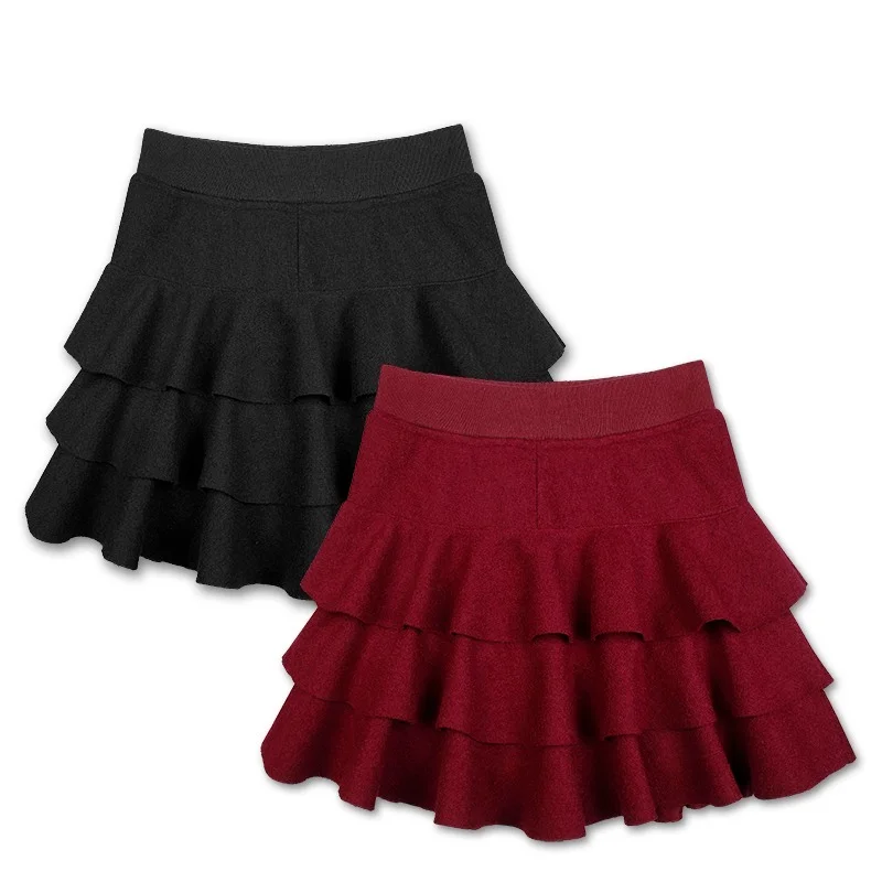 Winter Fall Sweet Ladies Women Ruffles Wine Red Black Mini Woolen Skirt , Autumn Female Woman Elastic High Waisted Wool Skirts