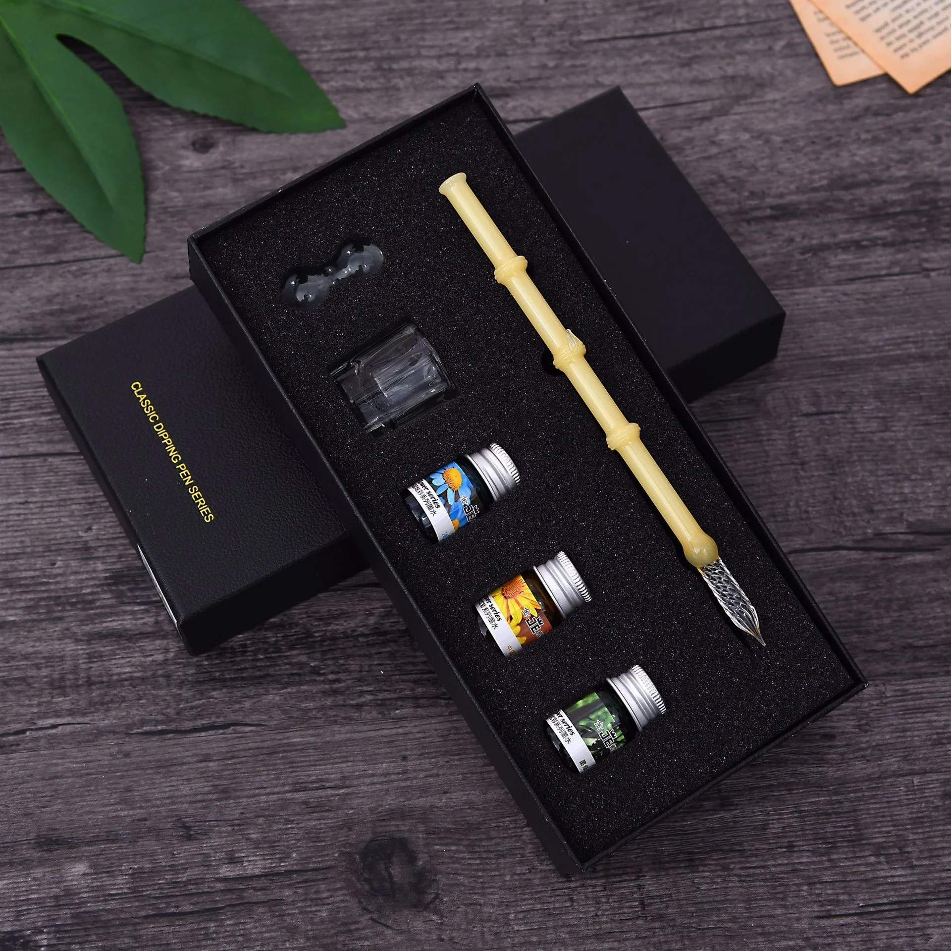 

New 5pcs Glass Dip Pen And Ink Set Handmade Dip Pencils Gift Box Glass Dip Pens And Blue Creative Pens Gifts Bamboo Style