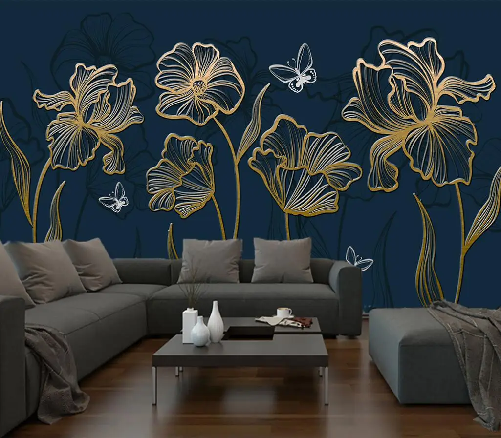 Custom wallpaper modern light luxury golden embossed lines flowers Nordic background wall home decoration murals 3d wallpaper