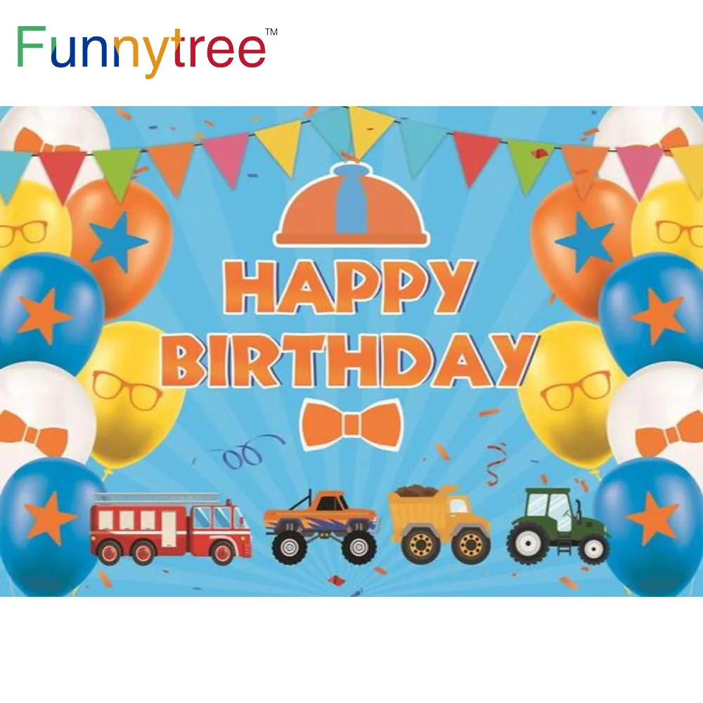 

Funnytree Happy Birthday Backdrop Colourful Dots Stars Glasses Banner Cars Truck Balloons Boy Baby Shower Bow Tie Background