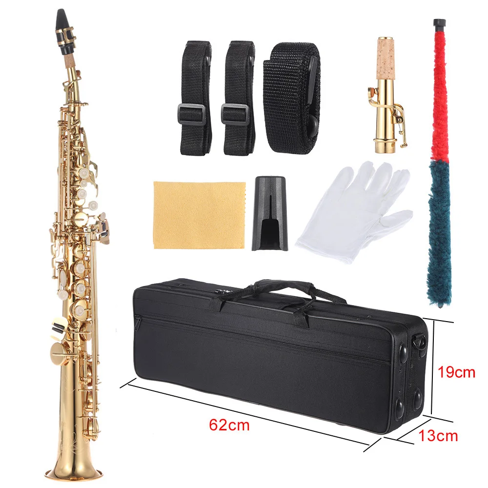 ammoon Brass Straight Soprano Sax Saxophone Bb B Flat Woodwind Instrument Natural Shell Key Carve Pattern with Carrying Case