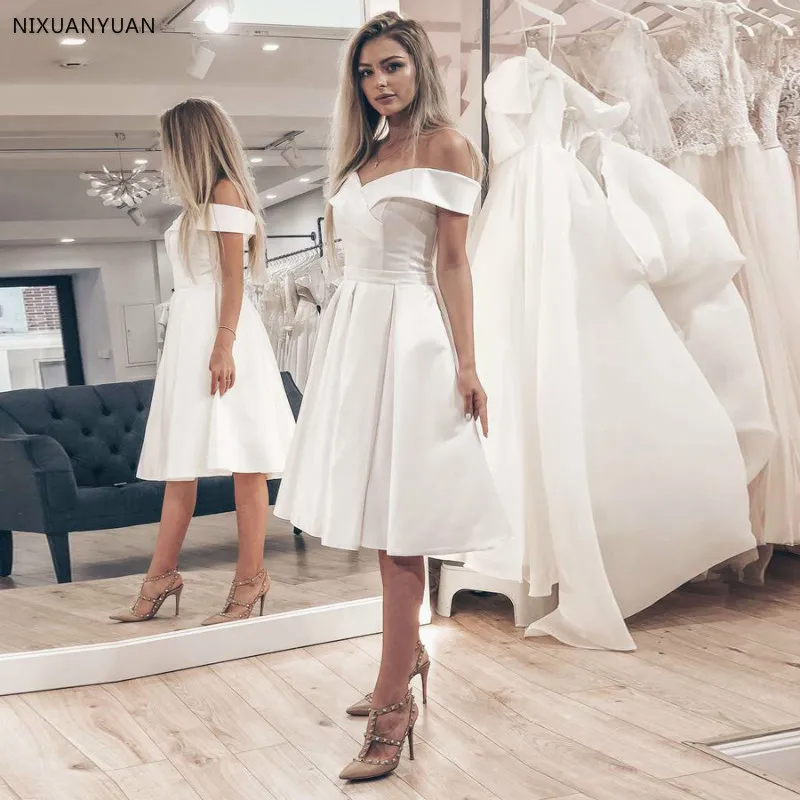 Satin Short Wedding Dress Bridal Gowns Simple Off The Shoulder A-line Wedding Dresses Robe De Mariage Plus Size