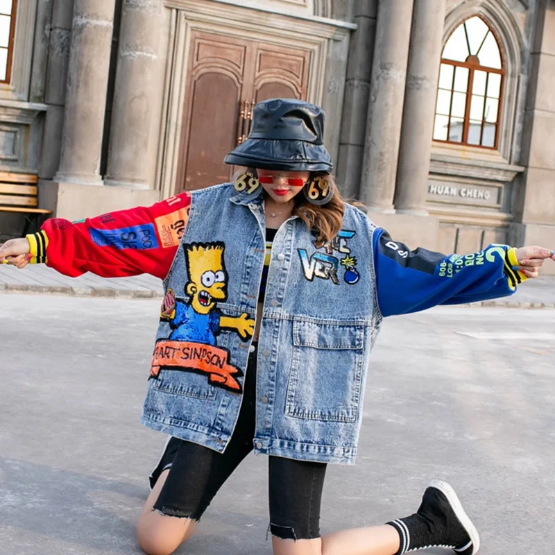 Jeans Jacket Outerwear Autumn Fashion Cartoon Sequin Print Long Sleeve Jackets Coat Loose Streetwear Female Denim Jacket Women