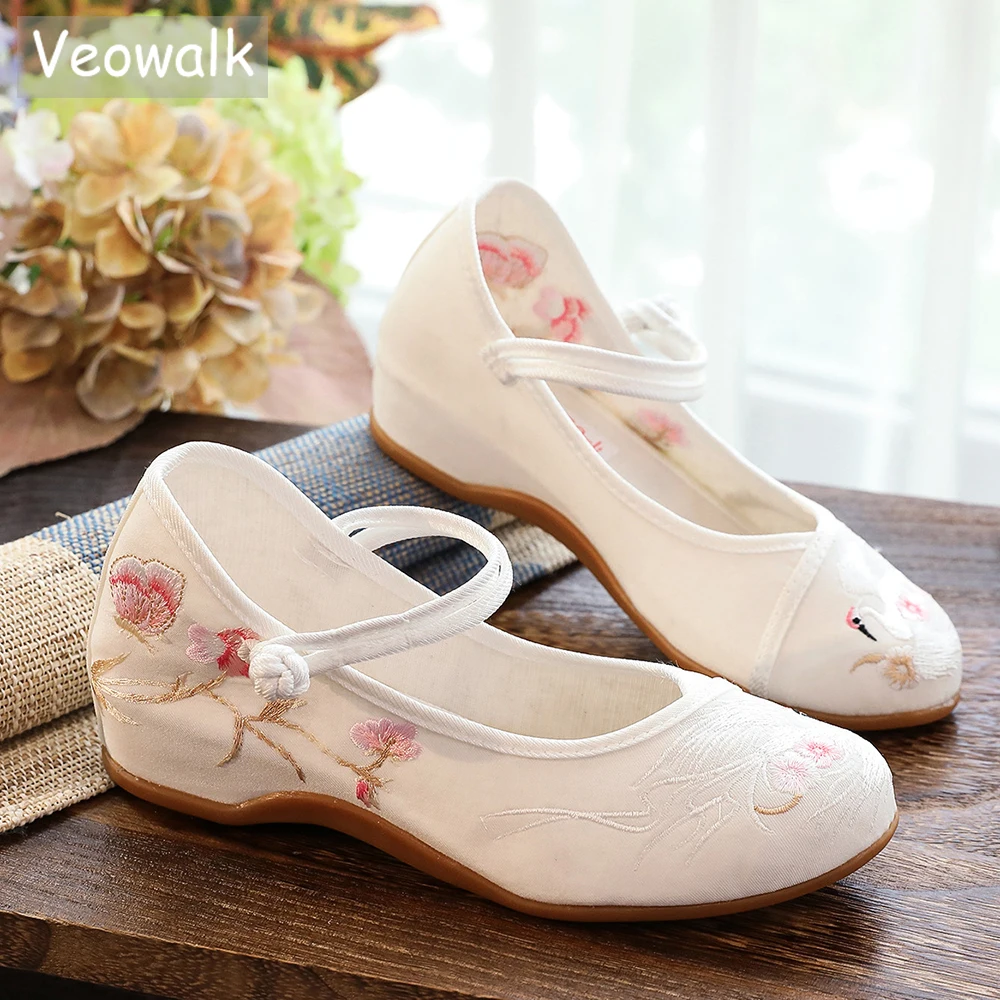 Veowalk Women Cotton Fabric Embroidered Ballet Flats Retro Ladies Casual Mary Jane Walking Shoes Comfortable White Red Blue