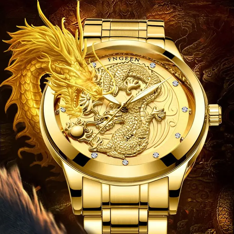 FNGEEN S666 Couple Watch Dragon And Phoenix Men And Women Luxury Gold Color Quartz Ultra-Thin Wristwatches Steel Belt Watches