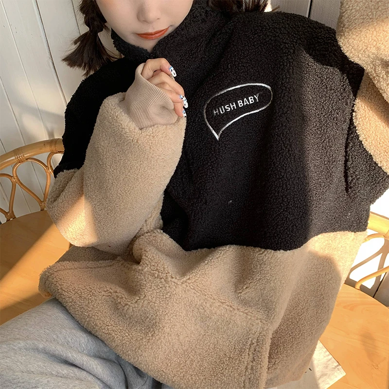 Winter Korean Casual Women Hoodie Sweatshirt Harajuku Lamb Wool Zipper Half High Collar Coat Letters Hush Baby Female Pullover