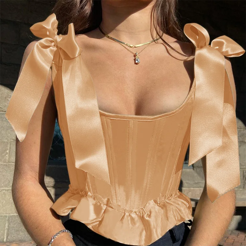 2021Solid Square Collar Patchwork Sleeveless Backless Lace Ribbons Y2K Corset Tops Summer Women Sweety Sexy Streetwears