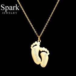 Spark Custom Engraved Name Date Baby Feet Pendant Necklace Cute Stainless Steel Footprint Necklaces For Women Kids Birthday Gift