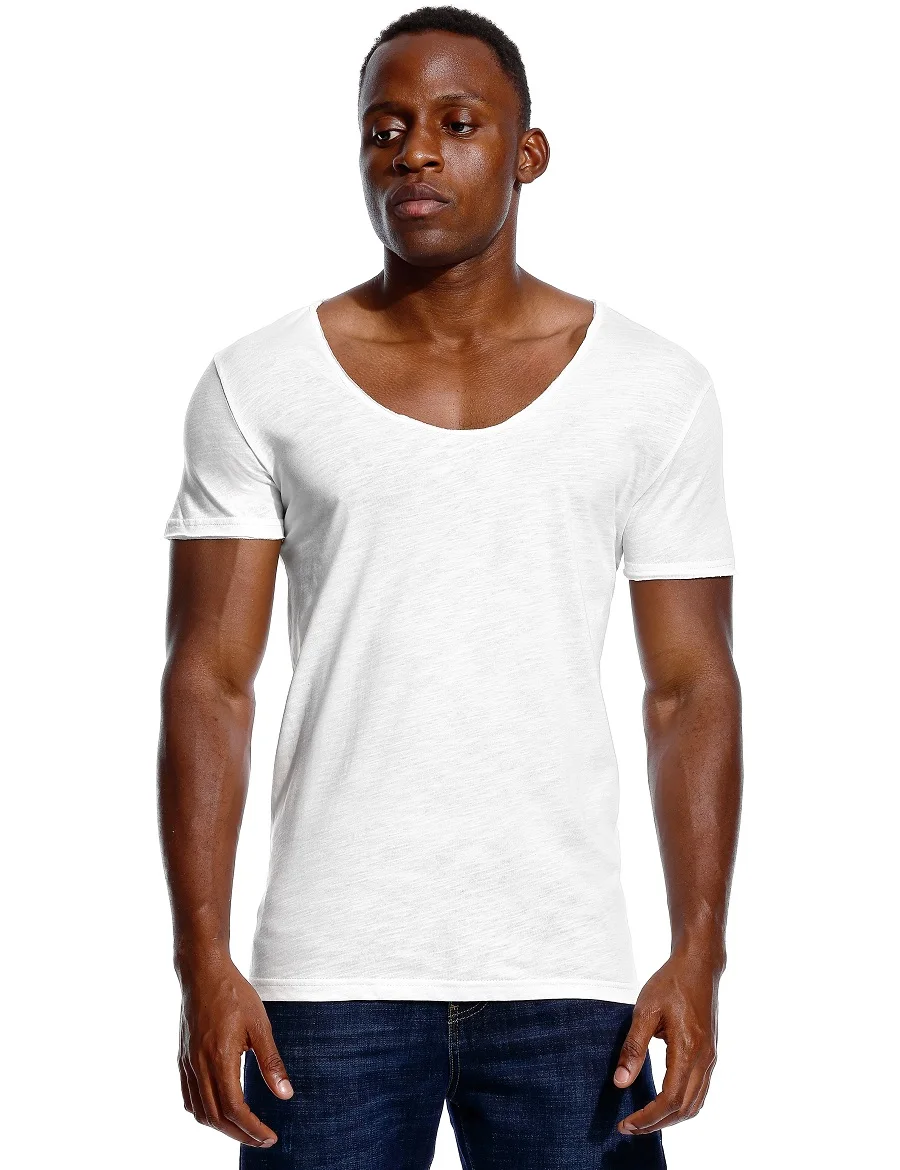 Scoop Neck T Shirt for Men Low Cut Deep V Neck Wide Vee Tee Male Tshirt Invisible Undershirt Slim Fit Short Sleeve