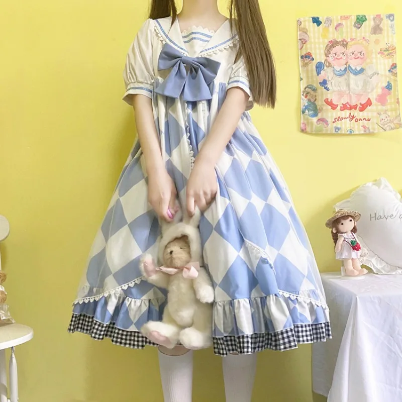 Meisje Lolita Navy Kraag Op Korte Mouwen Pod Jurk Blauwe Schattige Ruches Japanse Strik Kawaii Sweet Uniform Daily Kawaii Jurk